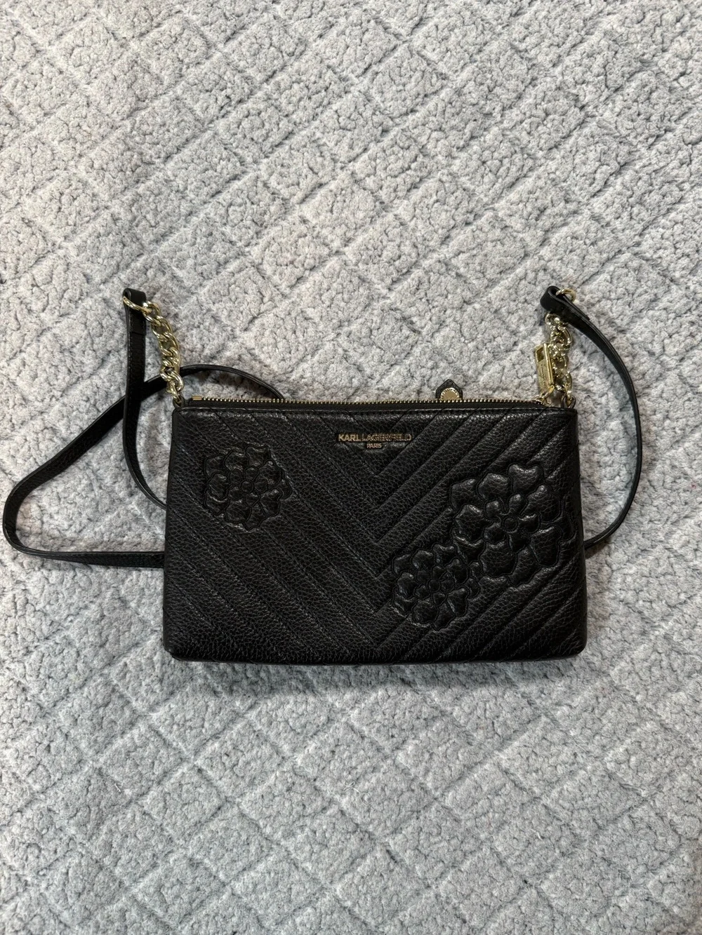 Karl Lagerfeld Black Quilted Floral Crossbody Pouch with Gold Chain